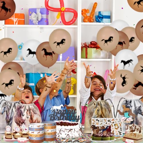 SNLN 12Sets Horse Party Favors Birthday Supplies Boy Girl Kid, Drawstring Bag Silicone Bracelet Tattoo Sticker Keychain Horse Themed Pinata Filler Cowboy Cowgirl Rodeo Western Party Favors Supplies - style: Horse