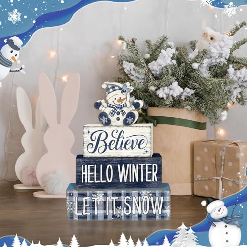 Britimes 4 Pcs Christmas Snowman Table Decor Winter Tiered Tray Decorations Set Believe Hello Winter Let It Snow Stack Block Signs Gift Rustic Farmhouse Tabletop Decor for Table & Home Office - style: Christmas Snowman