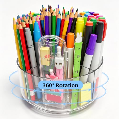 JIKIOU Acrylic Pen Holder, 360-Degree Rotating Pen Holder for Desk, Clear Desk Organizers and Accessories with 5 Compartments Pencil Organizer, Art Supply Storage Box Caddy for Office, Home