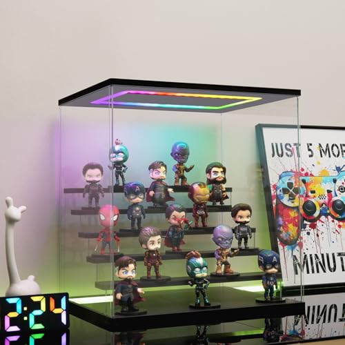 Clear Acrylic Display Case with Light , 6 Tier Multiple Color Lights Display Box Stand Assembly Dustproof Protection Showcase for Collectibles Action Figures (Black 6 Tier S 15.8*12.6*16.5in) - color: Black-colorful light, size: 6 Tier S 15.8*12.6*16.5in;