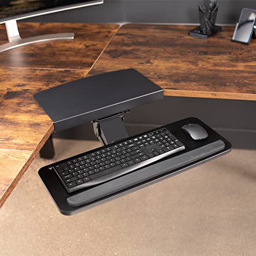 VIVO Black Under Desk Corner 25 x 10 inch Keyboard Tray, MOUNT-KB03B | Computer Keyboard and Mouse Platform with Corner Connector, Under Table Desk Mount for L-Shaped Workstations, Full Swivel