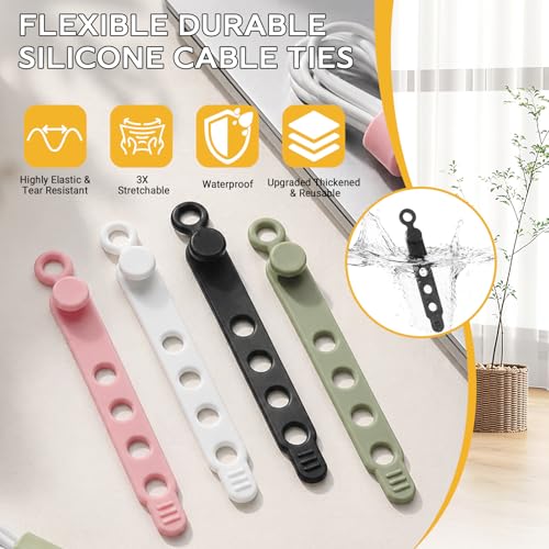 Silicone Cable Ties for Cord Organizer, Cable Management Ties with Lock Buckle, Elastic Cable Wraps Management for Multipurpose Cables, Travel Essentials for Bundling and Fastening (12, 4 Colors)
