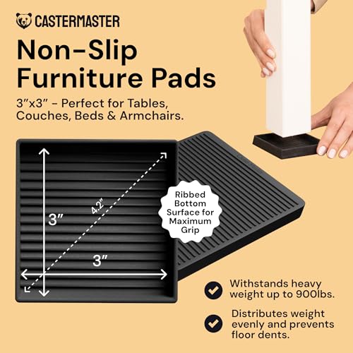 CasterMaster Square Non-Slip Pads - 3x3 in Black, 8 Pack | Rubber caster cups & floor protectors - 8pk - Use for furniture, noise reduction, prevent sliding - color: Black, size: 3'' x 3'' (Pack of 8)