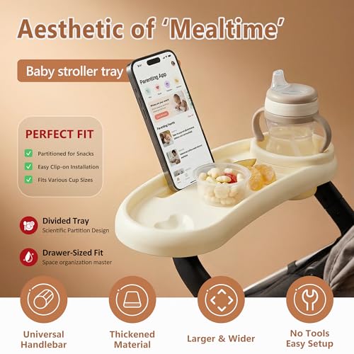 Li&Zhao Universal Stroller Snack Tray 3-in-1 Detachable Stroller Snack Tray Attachment with Secure Phone Holder, Spill-Proof Cup Holders Compartments, Easy-Clean Universal Snack Tray for Stroller - color: D-Beige