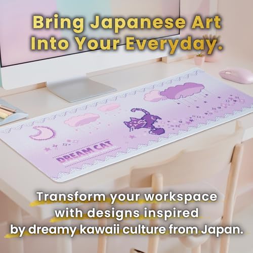 BELLEMOND Japanese Art Desk Mat | Large 31.5x11.8in Anime Mouse Pad for Keyboard & Mouse | Non-Slip Base, Water-Repellent | Original Japanese Design | Dream Cat - color: Dream Cat
