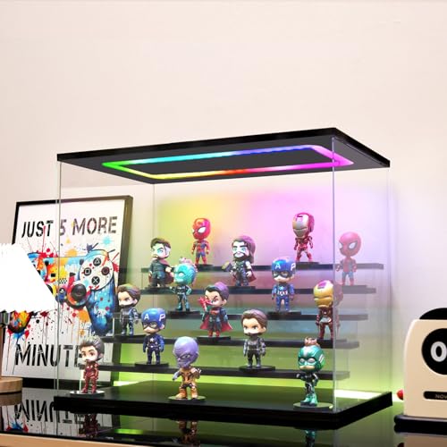 Clear Acrylic Display Case with Light , 6 Tier Multiple Color Lights Display Box Stand Assembly Dustproof Protection Showcase for Collectibles Action Figures (Black 6 Tier L 19.7*12.6*16.5in) - color: Black-colorful light, size: 6 Tier L 19.7*12.6*16.5in;