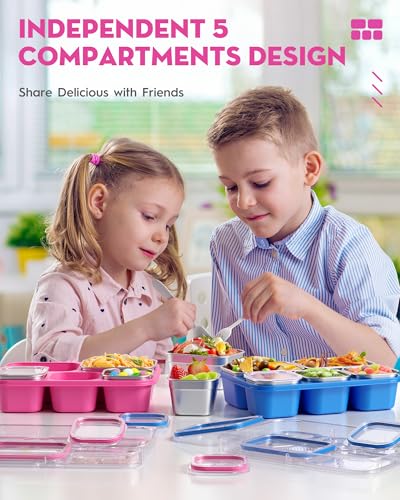 BiuLeon Snackle Box Containers, Stainless Steel 5 Compartments Divided Serving Tray with Lid, Removable LeakProof Portable Bento Box for Fruit Candy Nuts Food - School, Picnic and Travel(Pink) - color: Pink