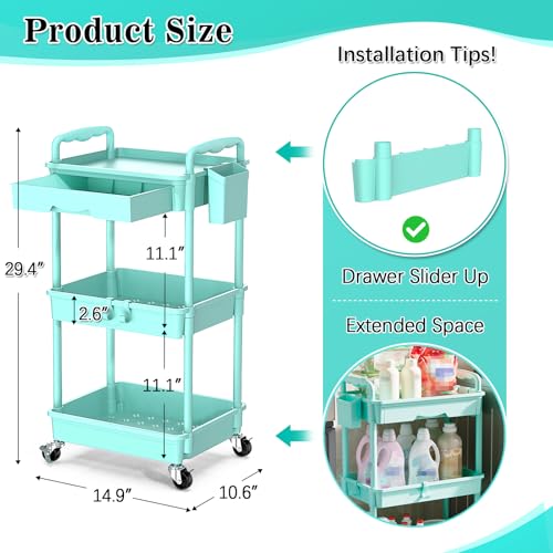 SUNALLY 3-Tier Rolling Cart with Drawer & Lockable Wheels, Bathroom Storage Organizer Multifunctional Rolling Storage Cart for Bathroom, Kitchen, Office, Craft, Makeup, Baby Essentials, Blue - color: Blue, size: 3 Tier