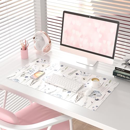 QiyI Large Mouse Pad for Desk, Floral Desk Mat for Desktop, Women Girls Office Décor Desk Accessories, PU Leather Waterproof Gaming Mousepad, Watercolor Flowers Desk Pad Computer Mat, 31.5" x 15.7" - color: Blue Poppies, size: 31.5" x 15.7"