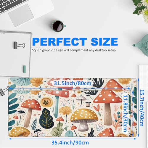 Desk Pad, Hand Drawn Charming Mushroom and Leaves Extended Gaming Mouse Pad Large, 35.4"x15.7" Big Mouse Pad with Non-Slip Base and Stitched Edge, Long Computer Keyboard Mouse Mat for Home Office Work - color: Mushrooms And Leaves, size: 35.4"x15.7"