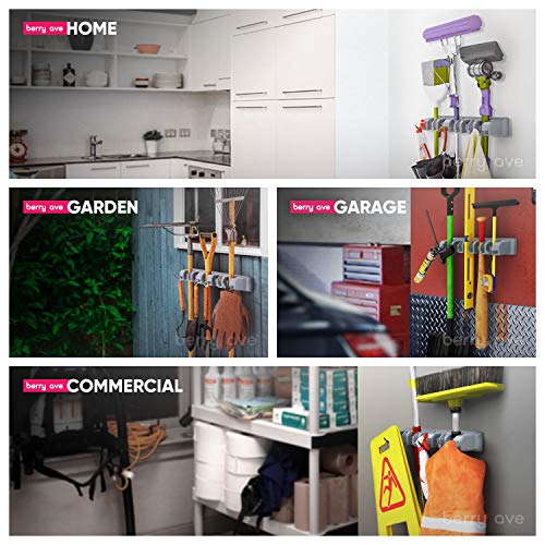 Berry Ave Broom Holder Wall Mount and Garden Tool Organizer, Closet Storage, Kitchen Rack, Home Organization and Garage Organizer for Rake or Mop Handles Up to 1.25-Inches, Hanger Plus 6 Hooks (Grey) - color: Grey, size: 1 Pack
