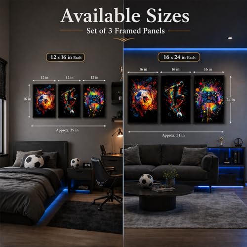 Soccer Gaming Wall Art Set Of 3 Black Framed Canvas Prints Neon Graffiti Soccer Ball Player And Controller Decor For Boys Room Teen Bedroom Game Room 12x16 Inches Each
