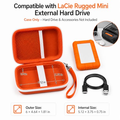 Case Compatible with LaCie Rugged Mini 1TB/ 2TB/ 4TB/ 5TB External Hard Drive Portable HDD, Storage Holder for Hard Drives for Mac and PC Computer & USB 3.0 2.0 Cable SD Cards (Tangerine) - color: Tangerine