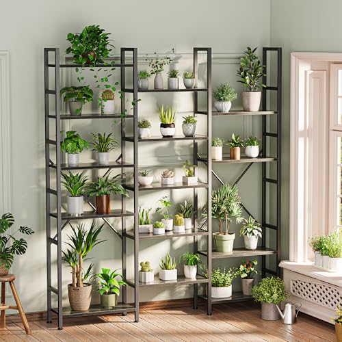 SUPERJARE Triple Bookshelf, Bookcase with 17 Open Display Shelves, Wide Book Shelf Book Case for Home & Office, 6 Tier, Grey - color: Grey, size: 6 Tier