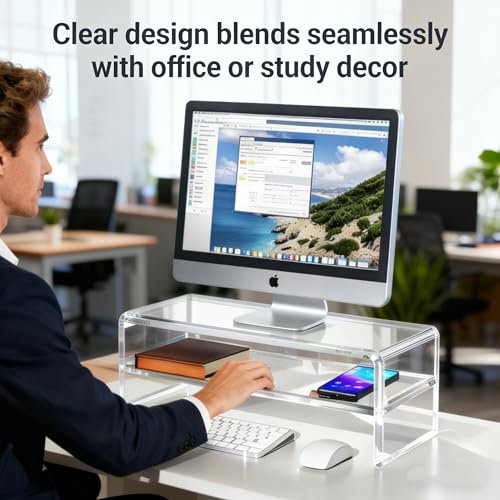 Acrylic Monitor Stand, 2 Tier Riser with Storage Shelf, Clear, 16/20 Inch, Home Office Desk Organizer (20in) - size: 20in