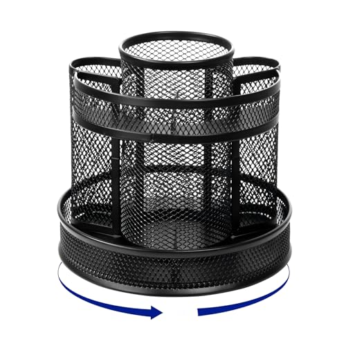 Comix 360° Rotating Pen Holder for Desk, 9 Compartments Office Desk Organizer, Black Mesh Metal Pencil Holder Cup for Office Home School - color: B2051