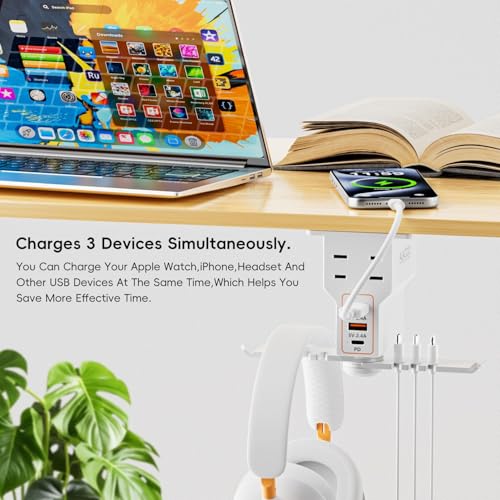 Gaming Headphone Stand with Charging Station - Aluminum Hooks Headphone Holder, Under Desk Headset Stand, 3 USB & AC Outlet, Surge Protector & Cable Organizer, Gift for Girl/Men - color: White