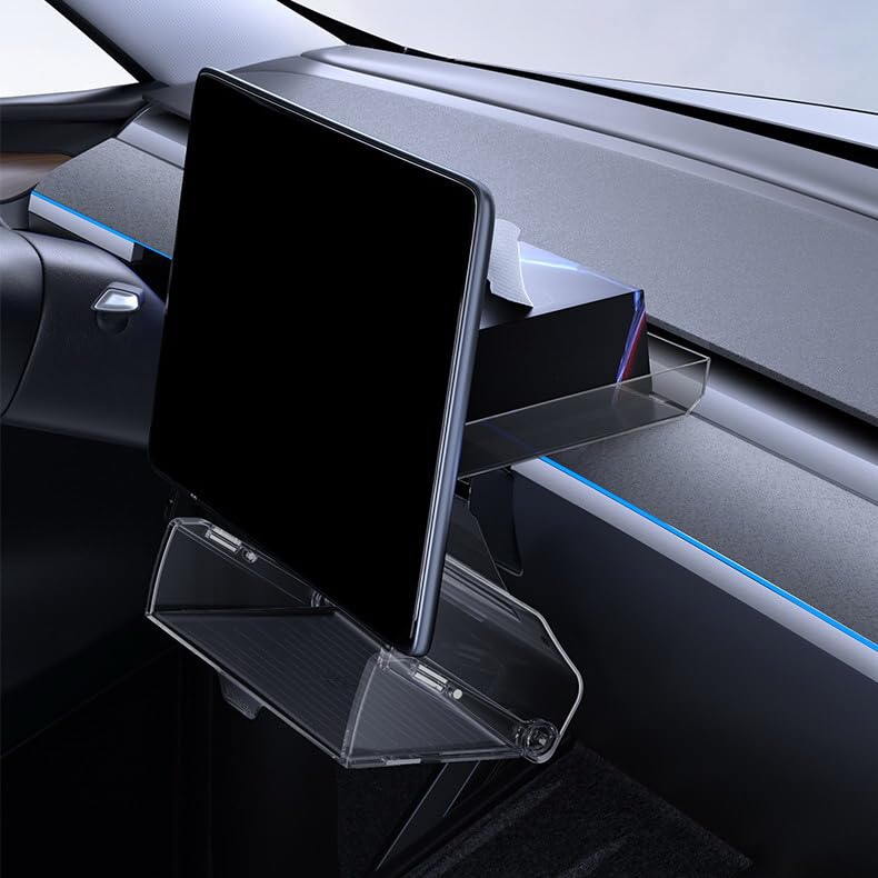 For 2020-2024 Tesla Model Y & 20217-2023 Model 3 - Hidden Center Console Organizer Tray, Tissue Holder, Open-Close Storage Shelf Box Under Dashboard Display (Tissue Box Behind the Display Screen) - style: Tissue Box Behind the Display Screen