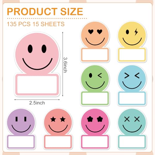 Whaline 135Pcs Pastel Smile Face Name Tag Stickers 9 Designs Nameplate Decals Cute Desk Name Label for Back to School Classroom Bulletin Board Office Wall Decor - color: Pastel