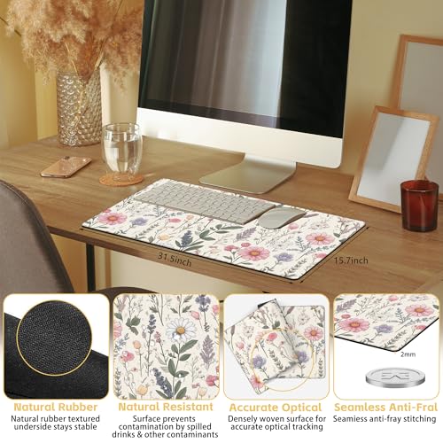 Floral Flowers Large Mouse Pad, 31.5" x 15.8", Desk Mat for Desktop, Women Girls, Computer PC Laptop Protector, Gaming, School Office Home - color: Floral