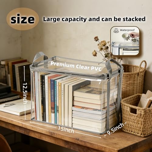 Clear Book Storage Bag with Reinforced Handles - Heavy Duty Plastic Comic Book Organizer & DVD Storage Bin - Collapsible Media Tote with Zipper Lid for Books, Journals and Albums - 15" x 9.5" x 12.5" - color: Gray, size: 1-Pack