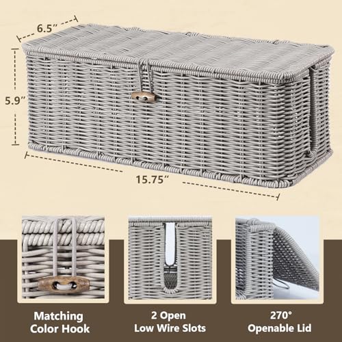BROWNLILY Cable Management Box, Rattan Style Cord Organizer for Desk Cord Hider Outlet Covers for Power Strip TV PC Router Charger Under Desk Storage with Lockable Lid and Cable Ties - color: Gray, size: L