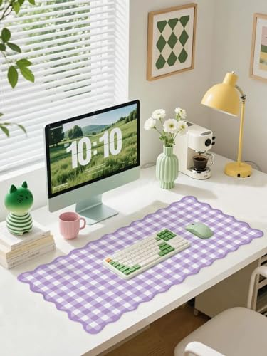 Scalloped Purple Checkered Gingham Desk Mat Cute Pastel Large Mouse Pad Kawaii Cottagecore Vintage Girly Laptop Keyboard Computer Mat Pad Aesthetic Cozy Office Desk Decor for Women - color: A5-purple
