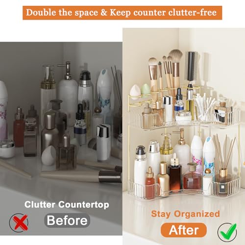 Webetop Corner Makeup Organizer for Vanity, 2 Tier Bathroom Cosmetics Organizer Countertop with Make up Brush Holder Corner Counter Storage Skincare Organizer for Bathroom Dresser Toiletry(Clear) - color: Clear, size: 2 Tier with brush holder