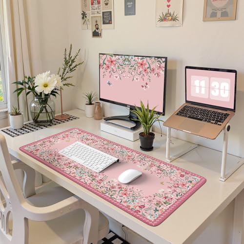 HAOCOO Rose Desk Pad Mat Floral, Cute Desk Matt for Desktop, Non-Slip Large Mouse Pad with Edge Stitching, Waterproof Keyboard Mat for Gaming, Office, Women Office Aesthetics - color: Dark Pink