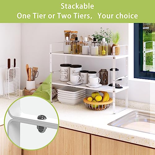 Across-Star Expandable Cabinet Shelf Organizer Rack, Stackable Kitchen Counter Storage Shelves Stand, Adjustable Height Pantry Shelf Spice Rack - color: White-1 Pack, size: 10.24''D*16.14-25.59''W*10.24''H
