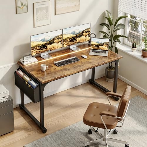 DurayLoly 48 Inch Computer Desk with Waterproof LED Lights,Study Desk for Teens & Home Office,Headphone Hook & Storage Bag Included,Sturdy Metal Frame,Small Space Friendly,Rustic Brown - color: Brown, size: 48 Inch