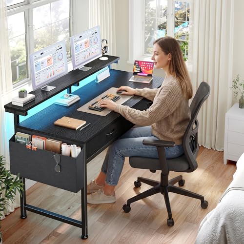 DurayLoly 47.3Inch Gaming Desk with LED Lights with 2 Drawers, Home Office Desk Computer Desk with Side Pocket & Ergonomic Monitor Stand, Small Space Study Writing Table with Anti-Tip Design,Black - color: Black, size: 47.3 Inch