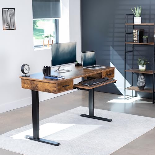 VIVO Electric Height Adjustable 55 x 24 inch Memory Stand Up Desk with Rear-Set Legs, Rustic Vintage Brown Table Top with Built-in Drawers and Keyboard Tray, Black Frame, DESK-KIT-RB5MN - color: Vintage Brown Top / Black Frame