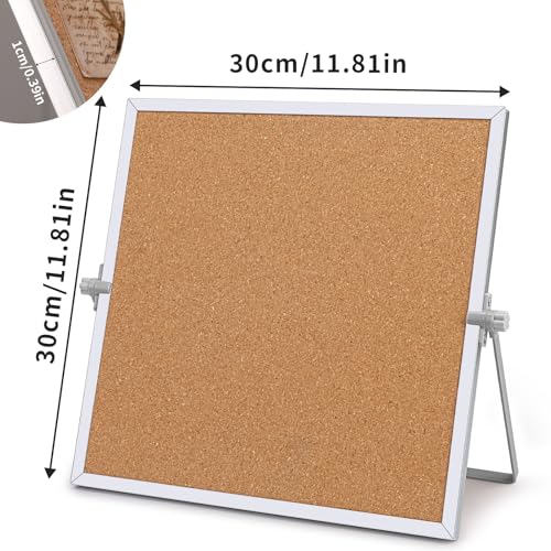 11.81"×11.81" Cork Board Bulletin Board, Double Sided Pin Board with Silver Aluminum Border, Desktop Small Cork Board with Stand Suitable for Home, Office, Desk Message Board or Picture Board - size: 11.81"×11.81"