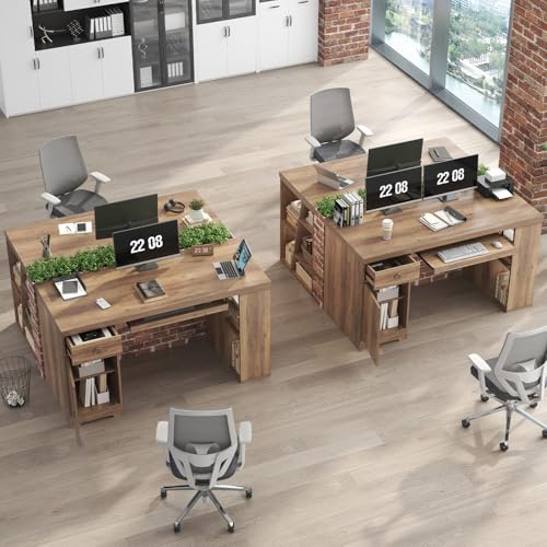 HSH 55" Executive Computer Desk,Farmhouse Home Office Desk with Storage Drawers and Keyboard Tray, Rustic Wood Work Study Writing Pc Table Studio Desks Wooden Workstation with Shelves and Cabinet - color: Rustic Oak