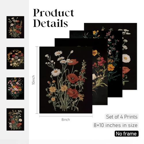 Locomiss Vintage Floral Wall Art Decor, Dark Cottagecore Wildflower Wall Decor, Vintage Moody Flower Botanical Posters Print for Farmhouse Bedroom Bathroom Living Room, Set of 4 (8x10 Unframed) - color: wildflowers