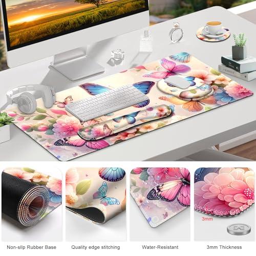 Gaming Mouse Pad, Large Desk Mat, Cute Desk Pad Protector, 4in1 XXL Mousepad + Keyboard Wrist Rest+Mouse Wrist Rest+Coaster Set with Ergonomic Desk Pad for Home Office PC Computer, Butterflies Flowers - color: Butterflies Flowers