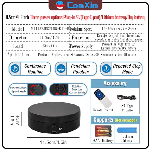 Motorized Rotating Display Stand with Remote, 4.53in 360 Electric Turntable for Display,Photography,3D Scanner Models, Motorized Lazy Susan and Photography Turntable Control Angle/Speed,Step/Swing/Continuous Rotation - size: 4.53inch/Black/11Lbs Load