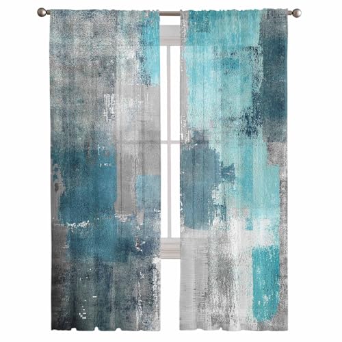 Turquoise Blue Grey Sheer Curtains 84 Inch Length 2 Panels Set for Living Room/Bedroom, Teal Abstract Art Painting Semi Curtain Sheers Drapes Rod Pocket Curtains Window Treatment Set - color: Abstract Painting, size: 52"W x 84"L (Pack of 2)