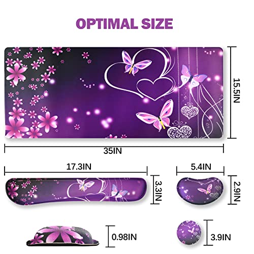 ARTSO Large Gaming Mouse Pad, Keyboard Wrist Rest Pad & Wrist Support Mousepad Set, Stitched Edge, Extended, Non-Slip Base, Memory Foam Desk Mat for Office, Home, Purple Heart Butterfly - color: Purple Heart Butterfly