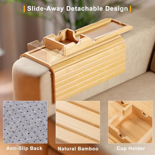 Bestjing Bamboo Sofa Armrest Tray - Couch Arm Tray with Detachable Couch Cup Holder - 2 in 1 Anti-Slip Foldable Sofa Armchair Caddy Table for Drinks Cellphone TV Remote Snacks - color: Bamboo, size: 16.3" x 13.3" x 2"