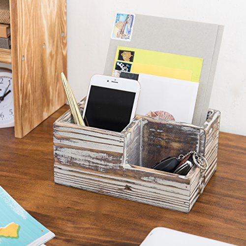 MyGift TV Remote Control Holder, Wood Desktop Office Stationery Organizer Tray with 3 Compartment, Multipuprose Caddy Organizer and Media Storage, Rustic Torched - color: Rustic Torched