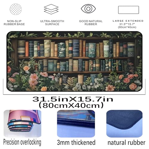 Flower Book Desk Mat, Colorful Mousepad XXL, Large Vintage Game Pad, Computer Keyboard Mouse Pad, with Stitched Edges, Non-Slip Rubber Base Deskpad, Women Home Office Accessories 31.5"X15.7" - color: Green Bookshelf