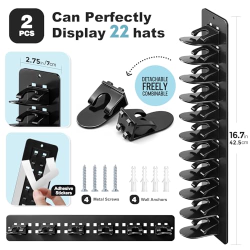 2 Pack Hat Organizer for Baseball Caps, Detachable DIY Hat Rack for Wall Hat Holder Hold up to 22 Hats, Baseball Cap Organizer Cap Holder Hat Hangers for Wall Closet Door Bedroom (C-Black) - color: C-Black