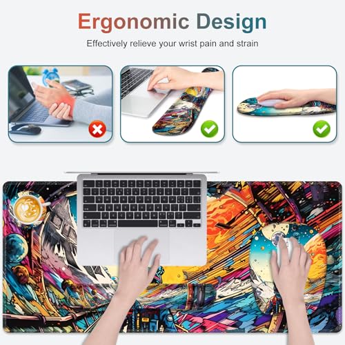 Large Anime Mouse Pad with Wrist Support 4 in1 Set, XXL Big Game Mousepad + Keyboard Wrist Rest+Mouse Wrist Rest Pad +Coaster Gaming Mat for Home Office Computer Boy Man I Strange Planet Space Scene - color: Strange Planet Space Scene