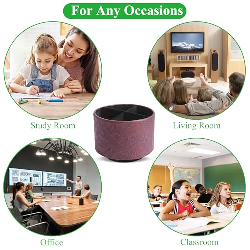 Round Leather Art Supply Organizer,Remote Control Holder,360 Degree Spinning,Multi-Functional Pencil Holder,4 Compartments Desktop Stationary Organizer(1-Carved Dark Brown) - color: 1-Carved Dark Brown