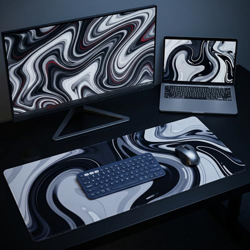 Large Black Grey Liquid Mouse Pad, Extended XL Gaming Desk Pad with Non-Slip Rubber Base, Stitched Edges, Waterproof Surface for Keyboard and Computer 35.4x15.7 inch