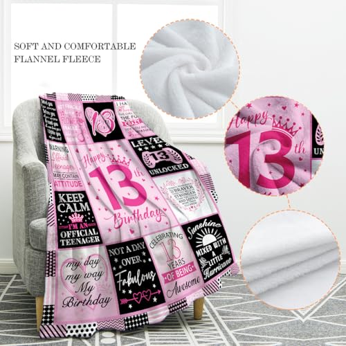 Jekeno Girls 13th Birthday Gifts Blanket Kids Teens 13 Year Old Birthday Gift Happy 13th Birthday 13 Yr Old Child Christmas Halloween Presents Niece Daughters Boys Party Decor Throw Blanket 60"x80" - color: Pink Black, size: 60"x80"