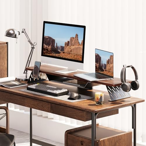 Fenge Dual Monitor Stand, 42.5 Inch Monitor Riser for Desk, Wood Desk Shelf for 2 Monitors, 2 Tier Monitor Shelf with Headphone Stand & Phone Holder - color: Brown