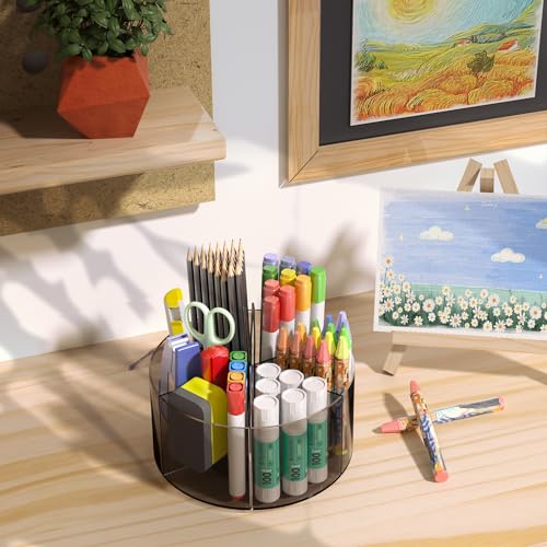Mefirt Acrylic Pen Organizer, 360 Degree Rotating Desk Organizer with 6 Compartments Crayon Holder for Office, School, Home, Art Supply, Grey - style: Grey-Large